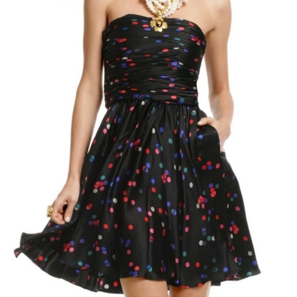 Halston Heritage Womens Strapless Black Polka Dot Silk Dress with Pockets Size 6 - Picture 1 of 16